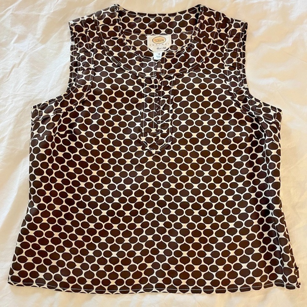 Pure Silk Sleeveless Sz 14P Blouse Brown Geometric Chic Capsule Career Workwear